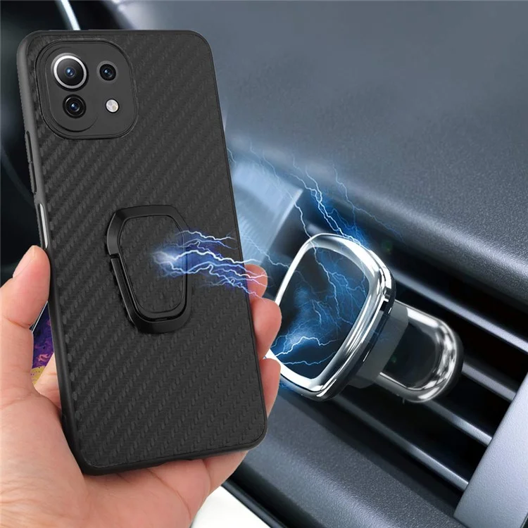 Full Body Scratch Resistant PU + TPU Ring-Shape Kickstand Protective Phone Cover for Xiaomi Mi 11 Lite 4G / 5G /11 Lite 5G NE - Carbon Fiber Texture