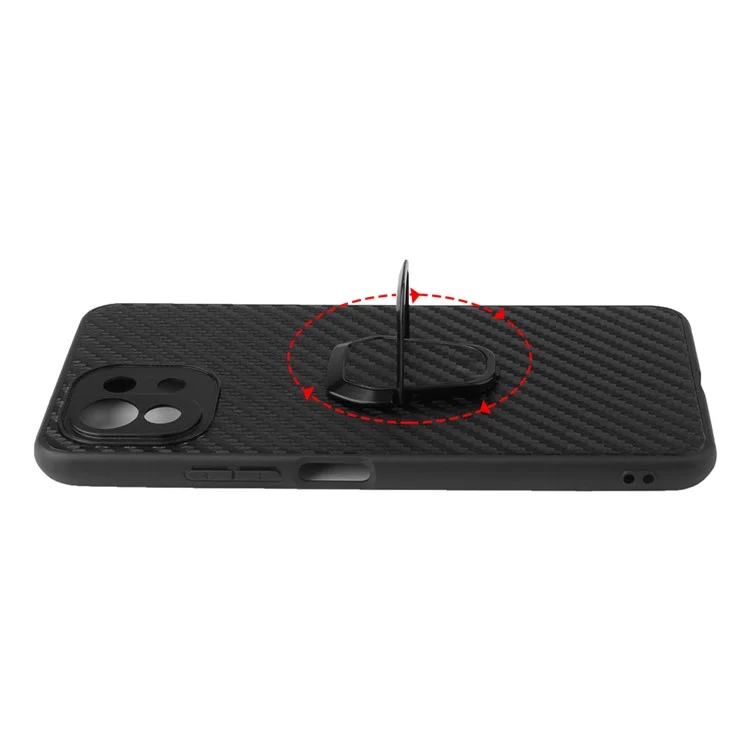 Full Body Scratch Resistant PU + TPU Ring-Shape Kickstand Protective Phone Cover for Xiaomi Mi 11 Lite 4G / 5G /11 Lite 5G NE - Carbon Fiber Texture