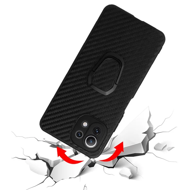 Full Body Scratch Resistant PU + TPU Ring-Shape Kickstand Protective Phone Cover for Xiaomi Mi 11 Lite 4G / 5G /11 Lite 5G NE - Carbon Fiber Texture