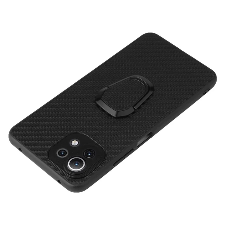 Full Body Scratch Resistant PU + TPU Ring-Shape Kickstand Protective Phone Cover for Xiaomi Mi 11 Lite 4G / 5G /11 Lite 5G NE - Carbon Fiber Texture