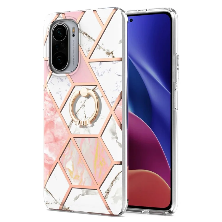 Kickstand IMD IML Plating Marble Pattern TPU Cover (2.0mm) for Xiaomi Redmi K40/K40 Pro/Poco F3 - Pink/White