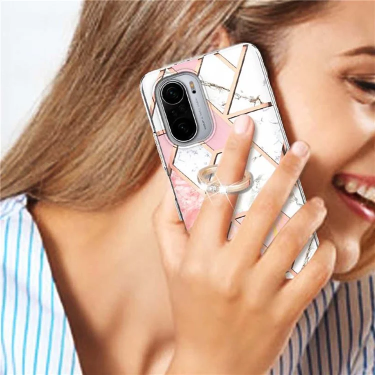 Kickstand IMD IML Plating Marble Pattern TPU Cover (2.0mm) for Xiaomi Redmi K40/K40 Pro/Poco F3 - Pink/White