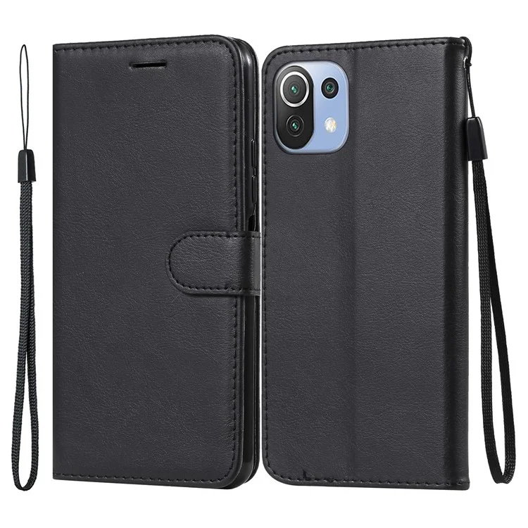 For Xiaomi Mi 11 Lite 4G / 5G  / 11 Lite 5G NE Case Solid Color Leather Mobile Cover Wallet Stand with Strap - Black