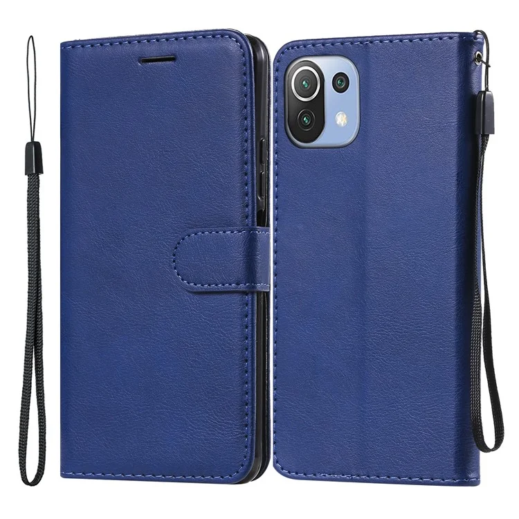 For Xiaomi Mi 11 Lite 4G / 5G  / 11 Lite 5G NE Case Solid Color Leather Mobile Cover Wallet Stand with Strap - Blue