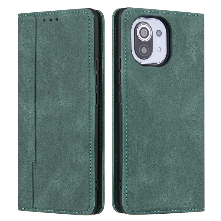 Piel que siente Líneas auto-absorbidas Cartera de cuero Soporte de teléfono Estuche para Xiaomi Mi 11 Lite 4G / 5G /11 Lite 5G NE - Verde