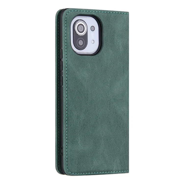 Piel que siente Líneas auto-absorbidas Cartera de cuero Soporte de teléfono Estuche para Xiaomi Mi 11 Lite 4G / 5G /11 Lite 5G NE - Verde