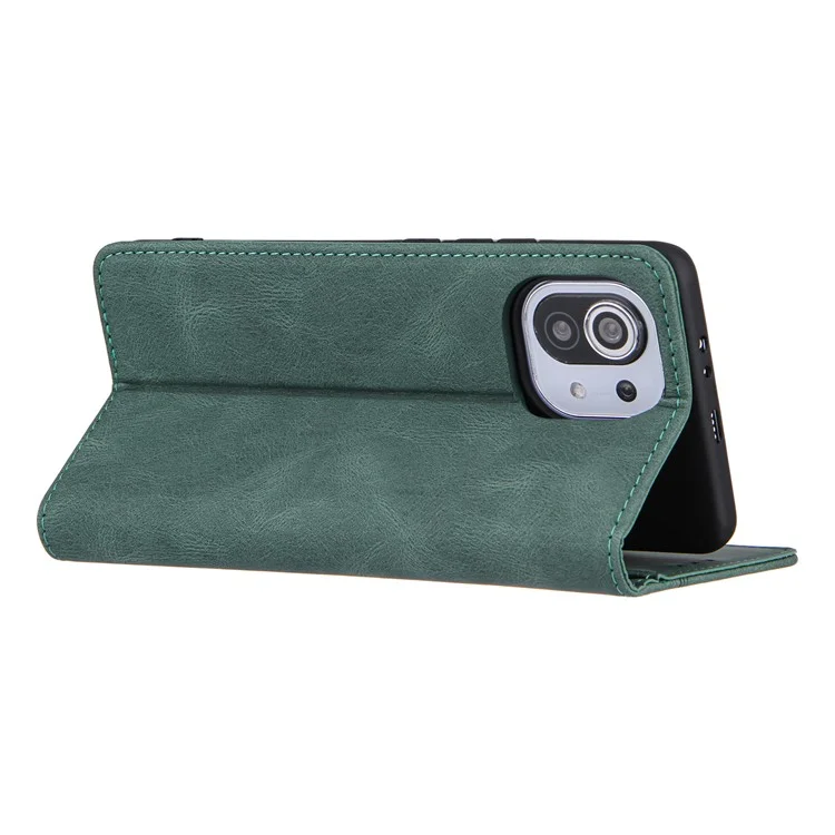 Piel que siente Líneas auto-absorbidas Cartera de cuero Soporte de teléfono Estuche para Xiaomi Mi 11 Lite 4G / 5G /11 Lite 5G NE - Verde