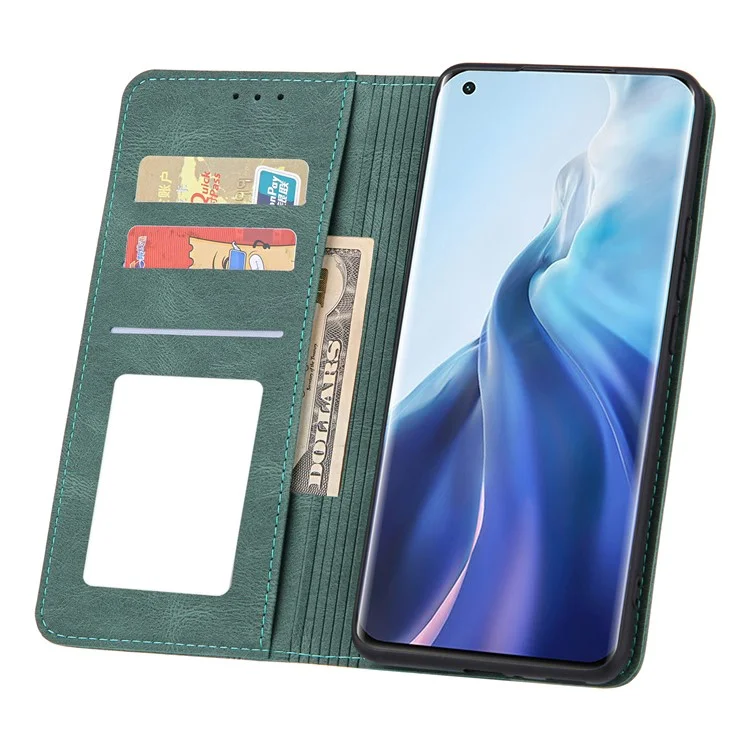 Piel que siente Líneas auto-absorbidas Cartera de cuero Soporte de teléfono Estuche para Xiaomi Mi 11 Lite 4G / 5G /11 Lite 5G NE - Verde