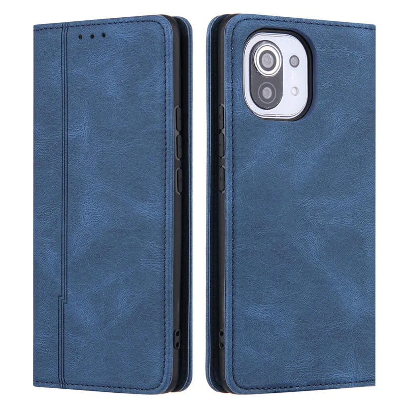 Skin-Feeling Auto-absorbed Lines Leather Wallet Stand Phone Case for Xiaomi Mi 11 Lite 4G / 5G /11 Lite 5G NE - Blue
