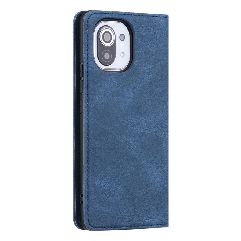Skin-Feeling Auto-absorbed Lines Leather Wallet Stand Phone Case for Xiaomi Mi 11 Lite 4G / 5G /11 Lite 5G NE - Blue