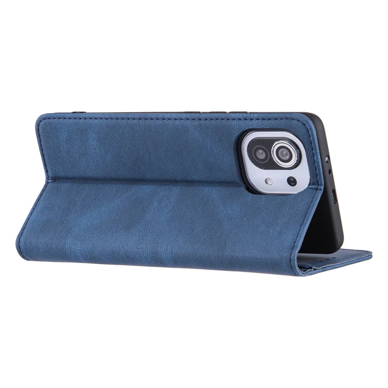 Skin-Feeling Auto-absorbed Lines Leather Wallet Stand Phone Case for Xiaomi Mi 11 Lite 4G / 5G /11 Lite 5G NE - Blue