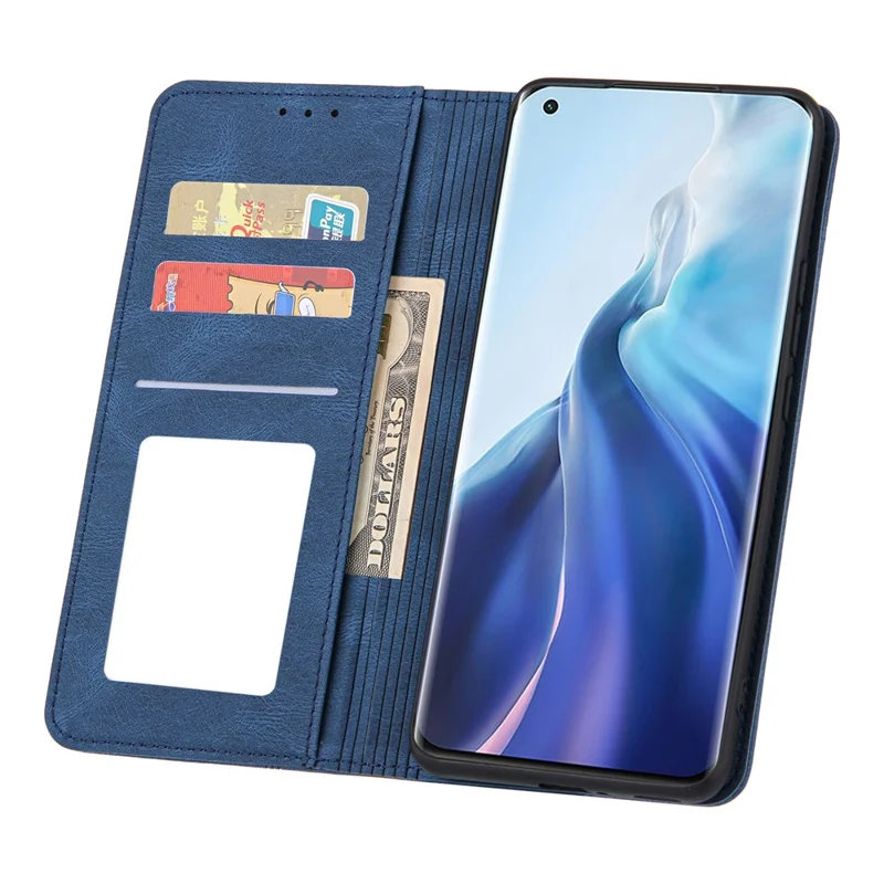 Skin-Feeling Auto-absorbed Lines Leather Wallet Stand Phone Case for Xiaomi Mi 11 Lite 4G / 5G /11 Lite 5G NE - Blue