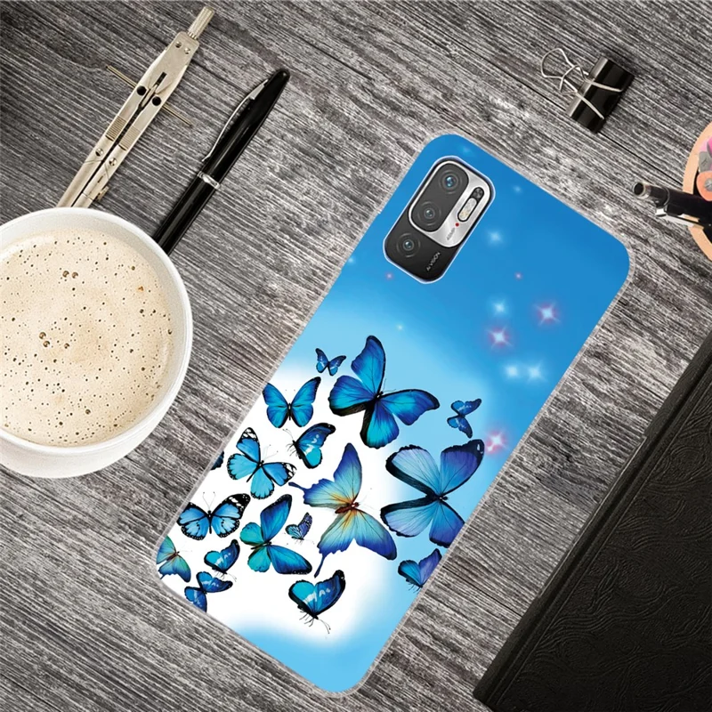 Anti-Slip Drop Protection with Soft TPU Bumper Pattern Design Case for Xiaomi Poco M3 Pro 5G / 4G / Redmi Note 10 5G - Blue Butterflies