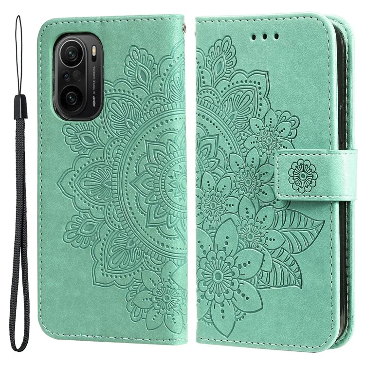 Imprint Flowers Pattern Flip PU Pellet Phelet Custodia Con Cordino Per Xiaomi Redmi K40 / Poco F3 / Mi 11i / Redmi K40 Pro - Verde