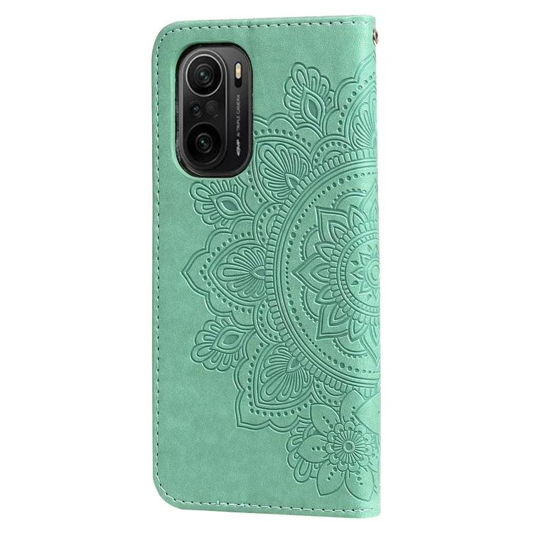 Imprint Flowers Pattern Flip PU Pellet Phelet Custodia Con Cordino Per Xiaomi Redmi K40 / Poco F3 / Mi 11i / Redmi K40 Pro - Verde