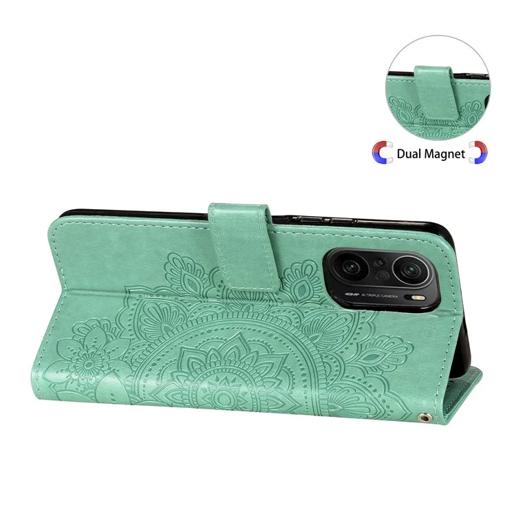 Imprint Flowers Pattern Flip PU Pellet Phelet Custodia Con Cordino Per Xiaomi Redmi K40 / Poco F3 / Mi 11i / Redmi K40 Pro - Verde