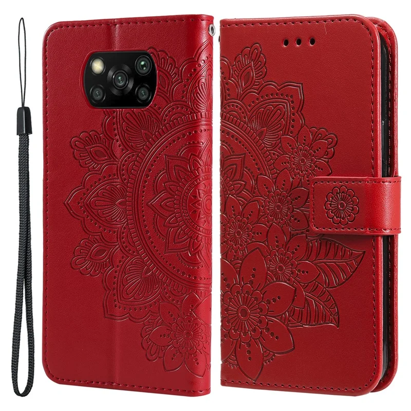 PU Leather Imprint Flowers Pattern Wallet Phone Case with Lanyard for Xiaomi Poco X3 / Poco X3 Pro / Poco X3 NFC - Red