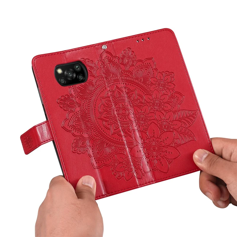 PU Leather Imprint Flowers Pattern Wallet Phone Case with Lanyard for Xiaomi Poco X3 / Poco X3 Pro / Poco X3 NFC - Red