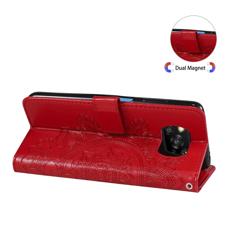 PU Leather Imprint Flowers Pattern Wallet Phone Case with Lanyard for Xiaomi Poco X3 / Poco X3 Pro / Poco X3 NFC - Red