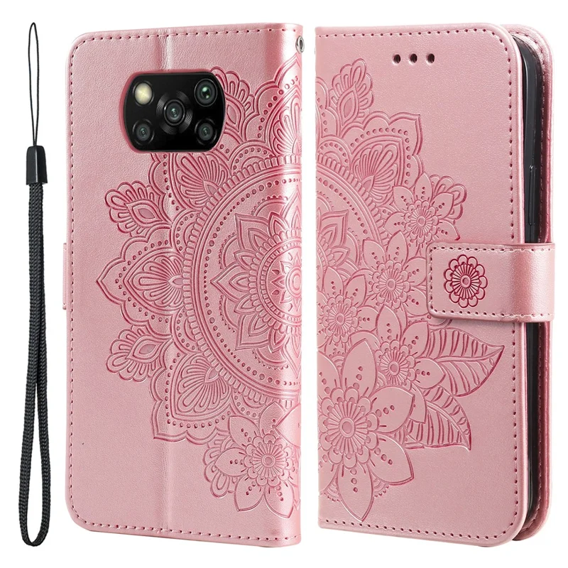 pu en Cuir Imprime Fleurs Motif de Portefeuille Case de Téléphone Avec Longe Pour Xiaomi Poco X3 / Poco X3 Pro / Poco X3 NFC - or Rose
