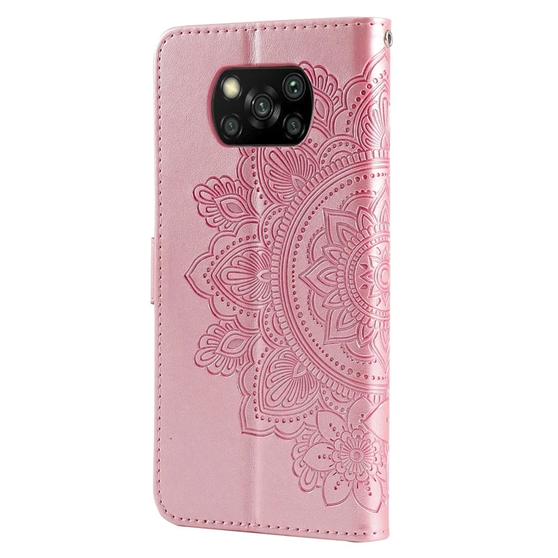 pu en Cuir Imprime Fleurs Motif de Portefeuille Case de Téléphone Avec Longe Pour Xiaomi Poco X3 / Poco X3 Pro / Poco X3 NFC - or Rose