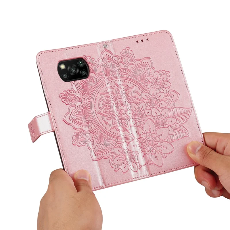 pu en Cuir Imprime Fleurs Motif de Portefeuille Case de Téléphone Avec Longe Pour Xiaomi Poco X3 / Poco X3 Pro / Poco X3 NFC - or Rose