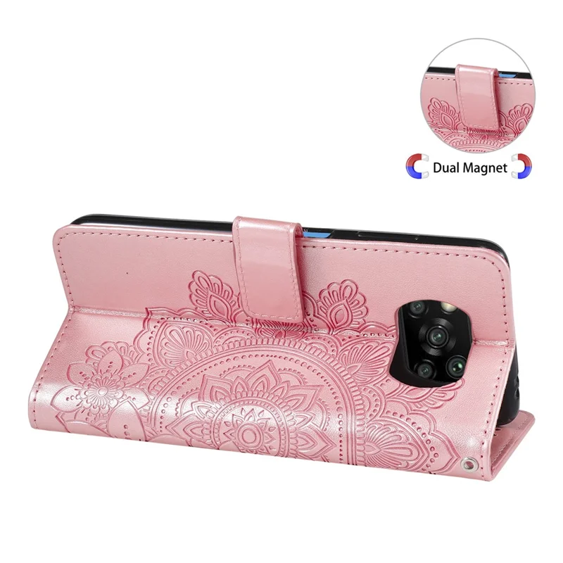 pu en Cuir Imprime Fleurs Motif de Portefeuille Case de Téléphone Avec Longe Pour Xiaomi Poco X3 / Poco X3 Pro / Poco X3 NFC - or Rose