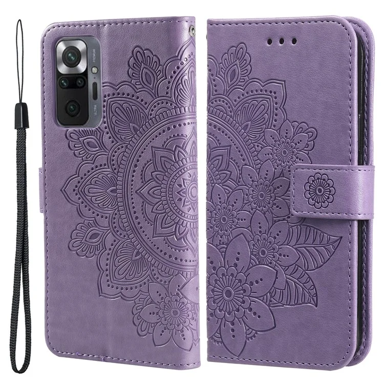 PU Кожаный Отпечаток Цветы Рисунок Кошелек Телефона с Lanyard Для Xiaomi Redmi Note 10 Pro Max / Redmi Note 10 Pro - Пурпурный
