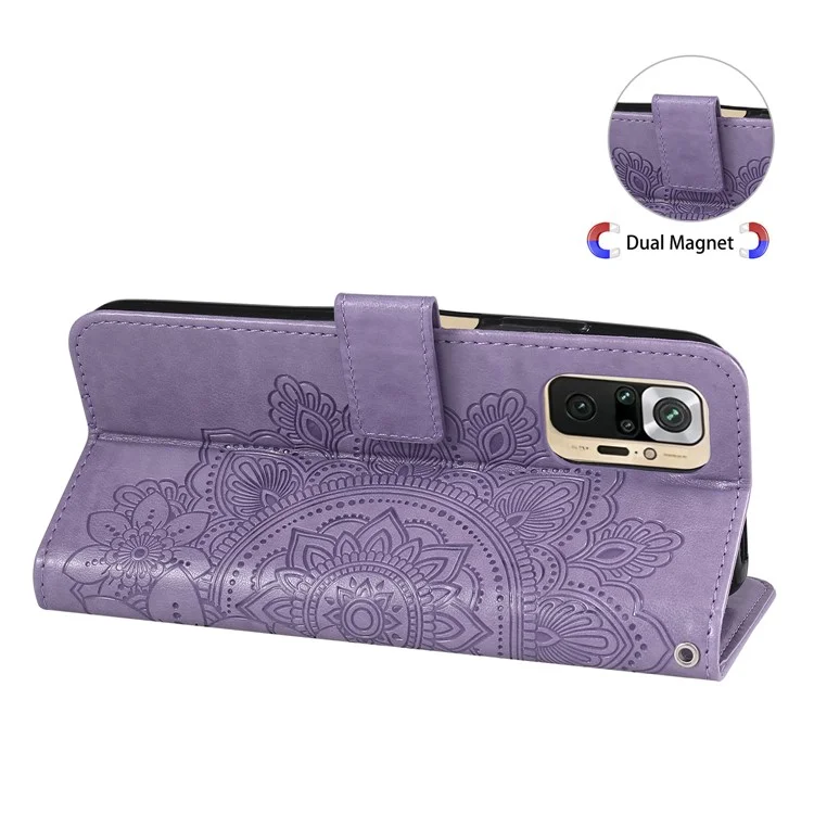 PU Impronta in Pelle Flowers Pattern Whaget Case Con Cordino Per Xiaomi Redmi Note 10 5G / Poco M3 Pro 5G - Viola