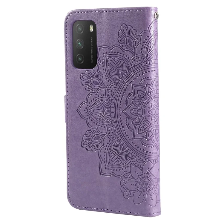 PU en Cuir Imprime Fleurs Motif de Portefeuille Case de Téléphone Avec Longe Pour Xiaomi Poco M3 / Redmi Note 9 4G (Qualcomm Snapdragon 662) / Power Redmi 9 / Redmi 9t - Violet