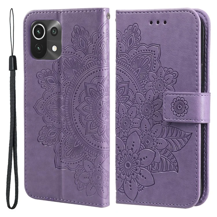 pu en Cuir Imprime Fleurs Motif de Portefeuille Case de Téléphone Avec Longe Pour Xiaomi Mi 11 Lite 4g / 5G / 11 Lite 5G NE - Violet