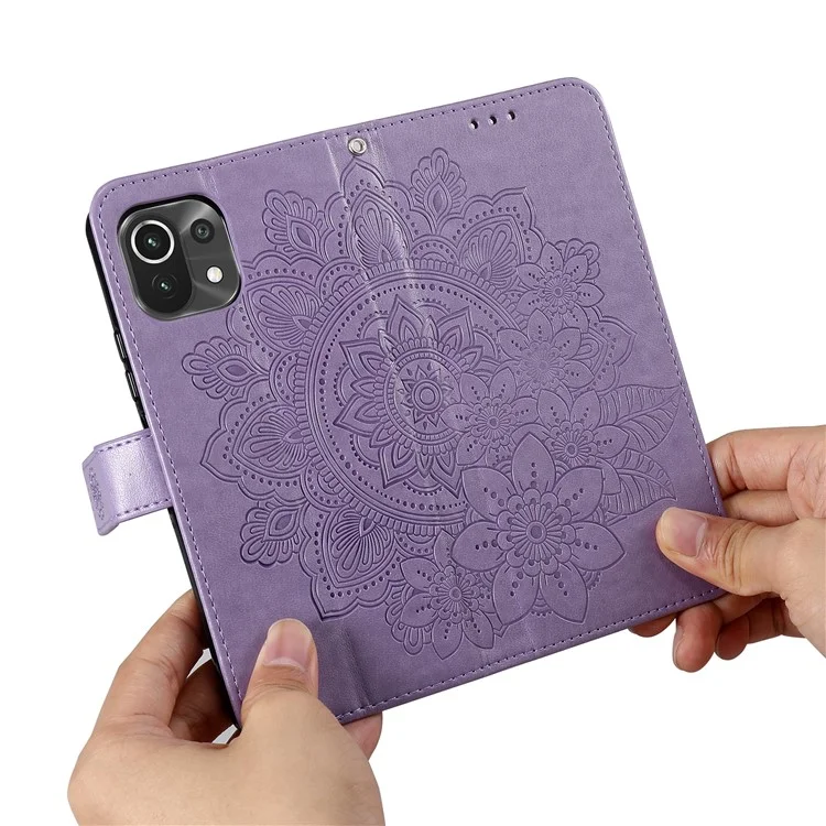 pu en Cuir Imprime Fleurs Motif de Portefeuille Case de Téléphone Avec Longe Pour Xiaomi Mi 11 Lite 4g / 5G / 11 Lite 5G NE - Violet