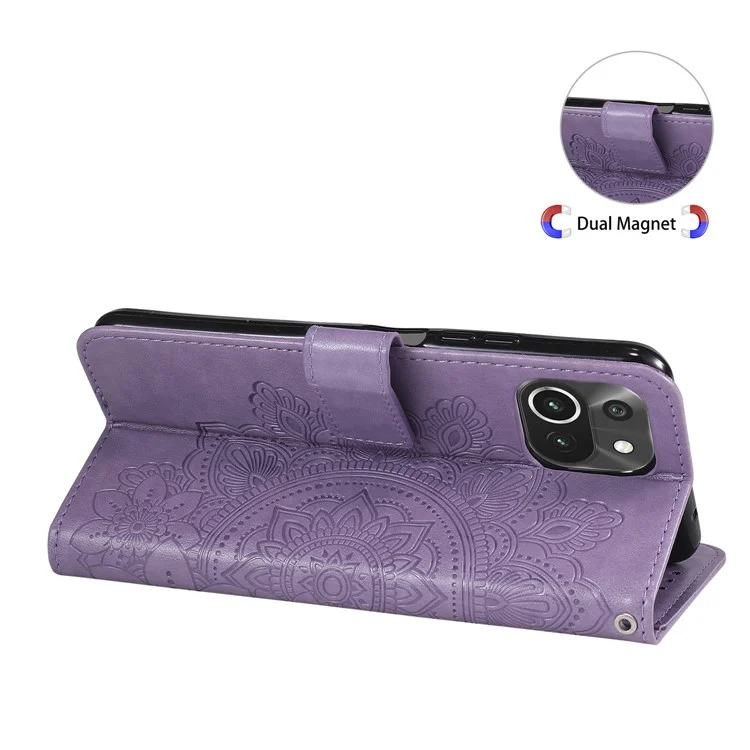 pu en Cuir Imprime Fleurs Motif de Portefeuille Case de Téléphone Avec Longe Pour Xiaomi Mi 11 Lite 4g / 5G / 11 Lite 5G NE - Violet