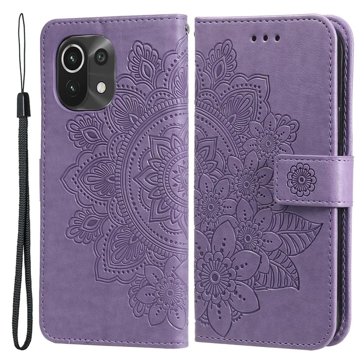 pu en Cuir Imprime Fleurs Motif de Portefeuille Case de Téléphone Avec Longe Pour Xiaomi Mi 11 - Violet