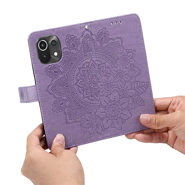 pu en Cuir Imprime Fleurs Motif de Portefeuille Case de Téléphone Avec Longe Pour Xiaomi Mi 11 - Violet