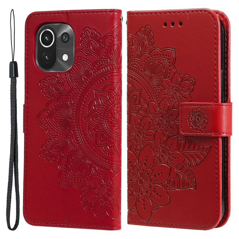 PU Leather Imprint Flowers Pattern Wallet Phone Case with Lanyard for Xiaomi Mi 11 - Red