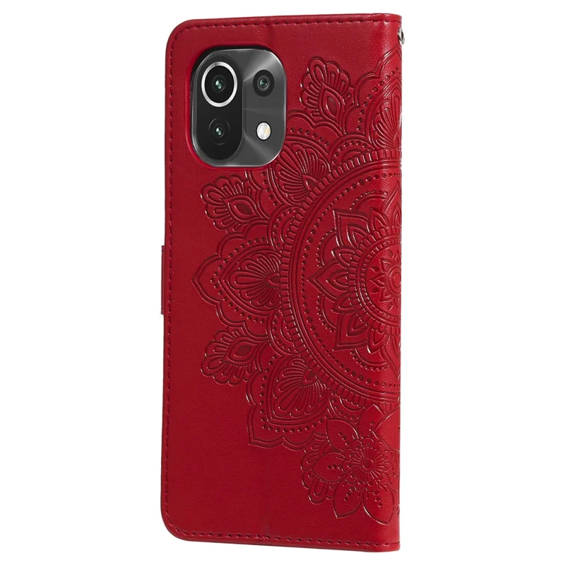 PU Leather Imprint Flowers Pattern Wallet Phone Case with Lanyard for Xiaomi Mi 11 - Red
