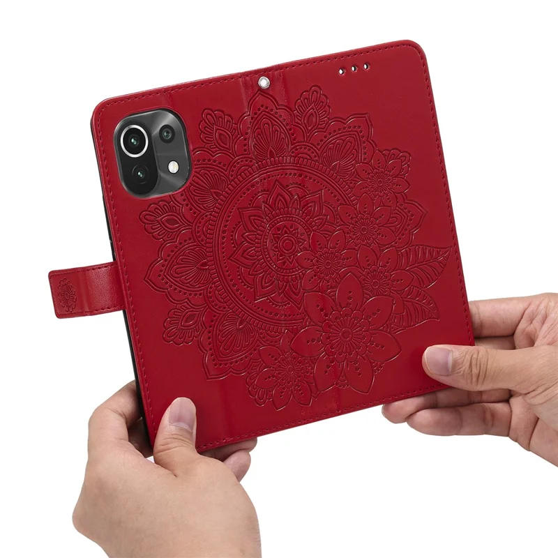 PU Leather Imprint Flowers Pattern Wallet Phone Case with Lanyard for Xiaomi Mi 11 - Red