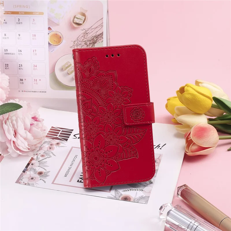 PU Leather Imprint Flowers Pattern Wallet Phone Case with Lanyard for Xiaomi Mi 11 - Red