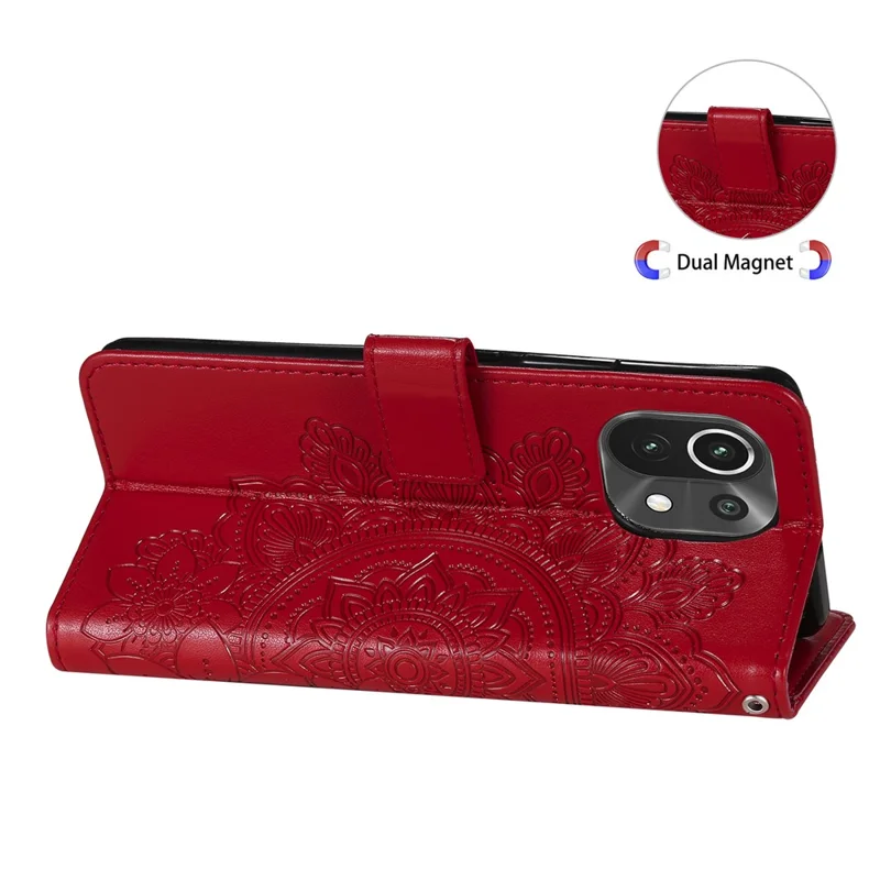 PU Leather Imprint Flowers Pattern Wallet Phone Case with Lanyard for Xiaomi Mi 11 - Red