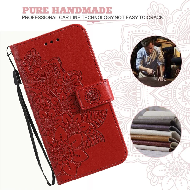 PU Leather Imprint Flowers Pattern Wallet Phone Case with Lanyard for Xiaomi Mi 11 - Red