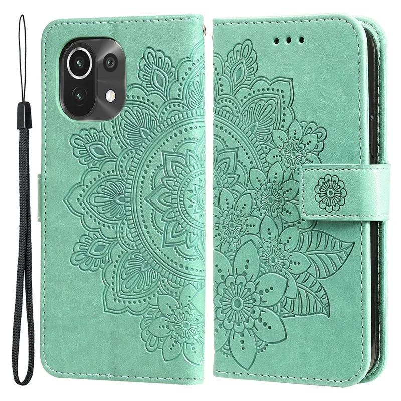 PU Leather Imprint Flowers Pattern Wallet Phone Case with Lanyard for Xiaomi Mi 11 - Green