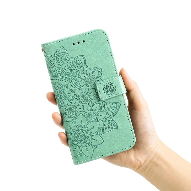 PU Leather Imprint Flowers Pattern Wallet Phone Case with Lanyard for Xiaomi Mi 11 - Green