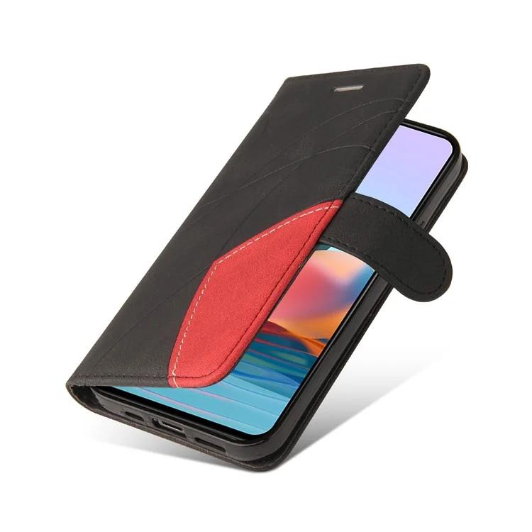 KT Leather Series-1 Двухцветный Сплайсинг Стенд Кожаный Кошелек Чехла Корпуса Для Xiaomi Redmi Note 10 Pro 4G - Черный