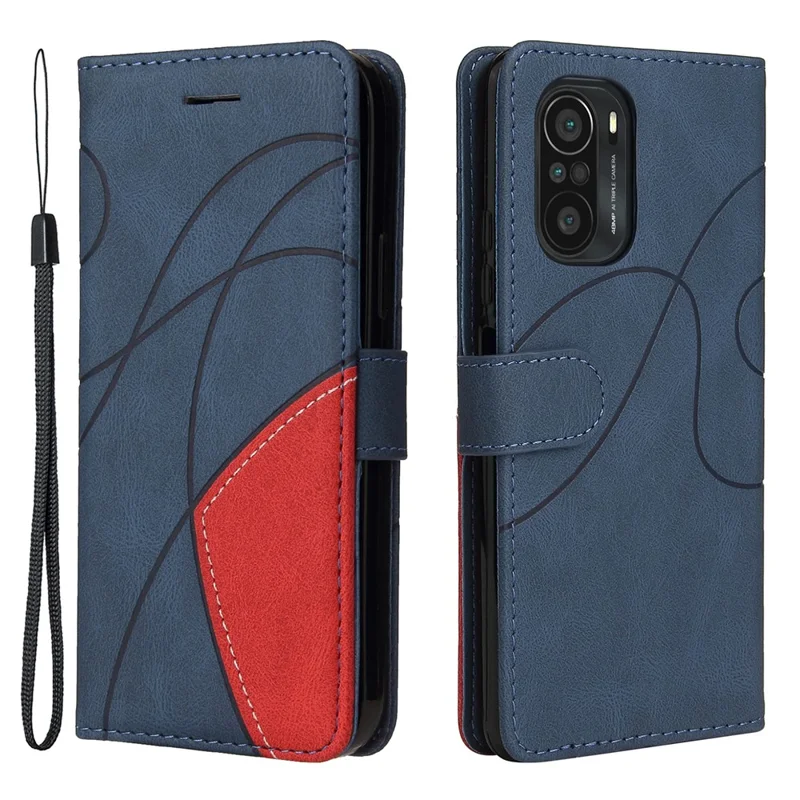 KT Leather Series-1 Bi-colour Splicing Style Slim Magnetic Soft PU Shockproof Flip Cover Wallet with Wrist Strap for Xiaomi Redmi K40 / Redmi K40 Pro / Poco F3 - Blue