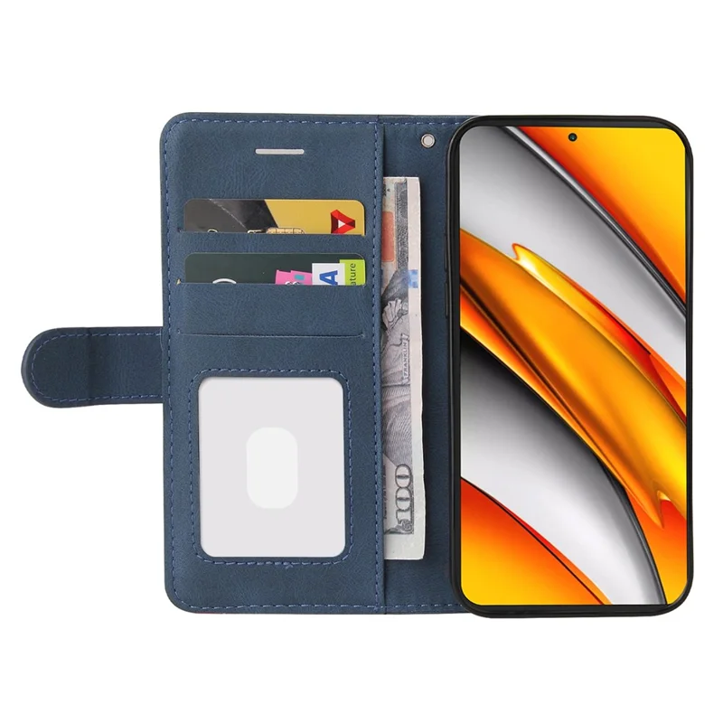 KT Leather Series-1 Bi-colour Splicing Style Slim Magnetic Soft PU Shockproof Flip Cover Wallet with Wrist Strap for Xiaomi Redmi K40 / Redmi K40 Pro / Poco F3 - Blue