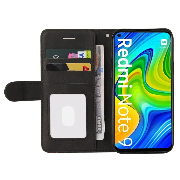 KT Leather Series-1 Bi-colour Splicing Magnetic Clasp Design Durable Shockproof PU Leather Wallet Case with Strap for Xiaomi Redmi Note 9 (MTK Helio G85) - Negro