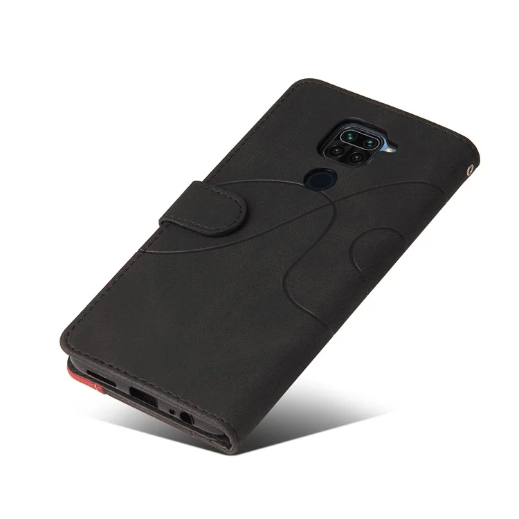 KT Leather Series-1 Bi-colour Splicing Magnetic Clasp Design Durable Shockproof PU Leather Wallet Case with Strap for Xiaomi Redmi Note 9 (MTK Helio G85) - Negro