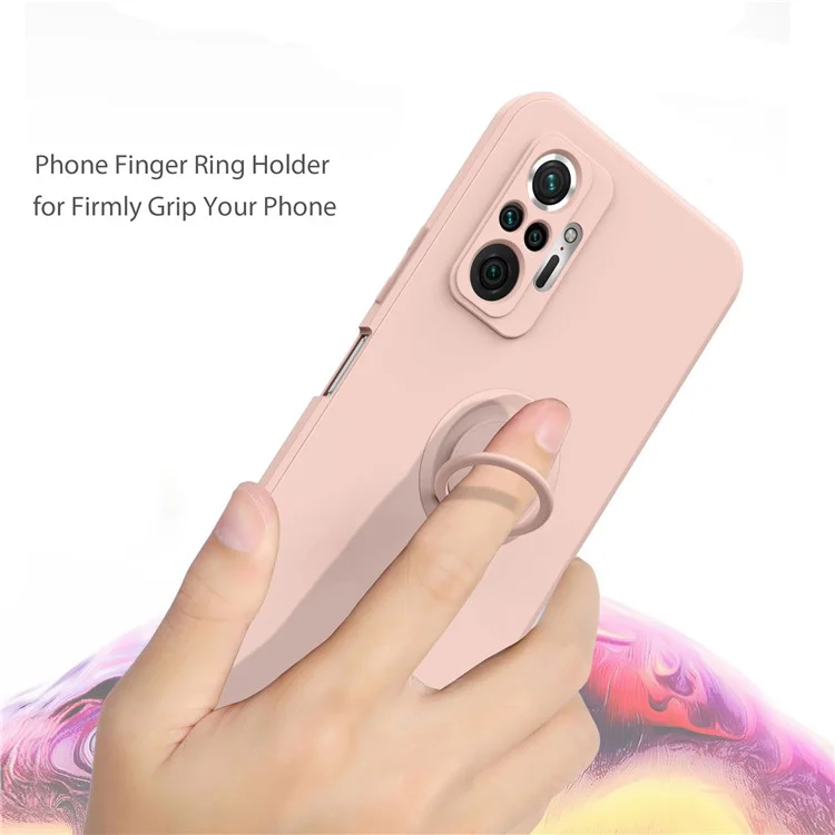 Flexible Liquid Silicone Phone Protective Case Shell with Ring Kickstand and Strap for Xiaomi Redmi Note 10 Pro 4G - Black