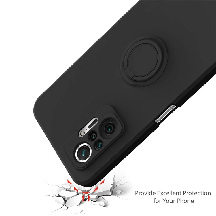 Flexible Liquid Silicone Phone Protective Case Shell with Ring Kickstand and Strap for Xiaomi Redmi Note 10 Pro 4G - Black